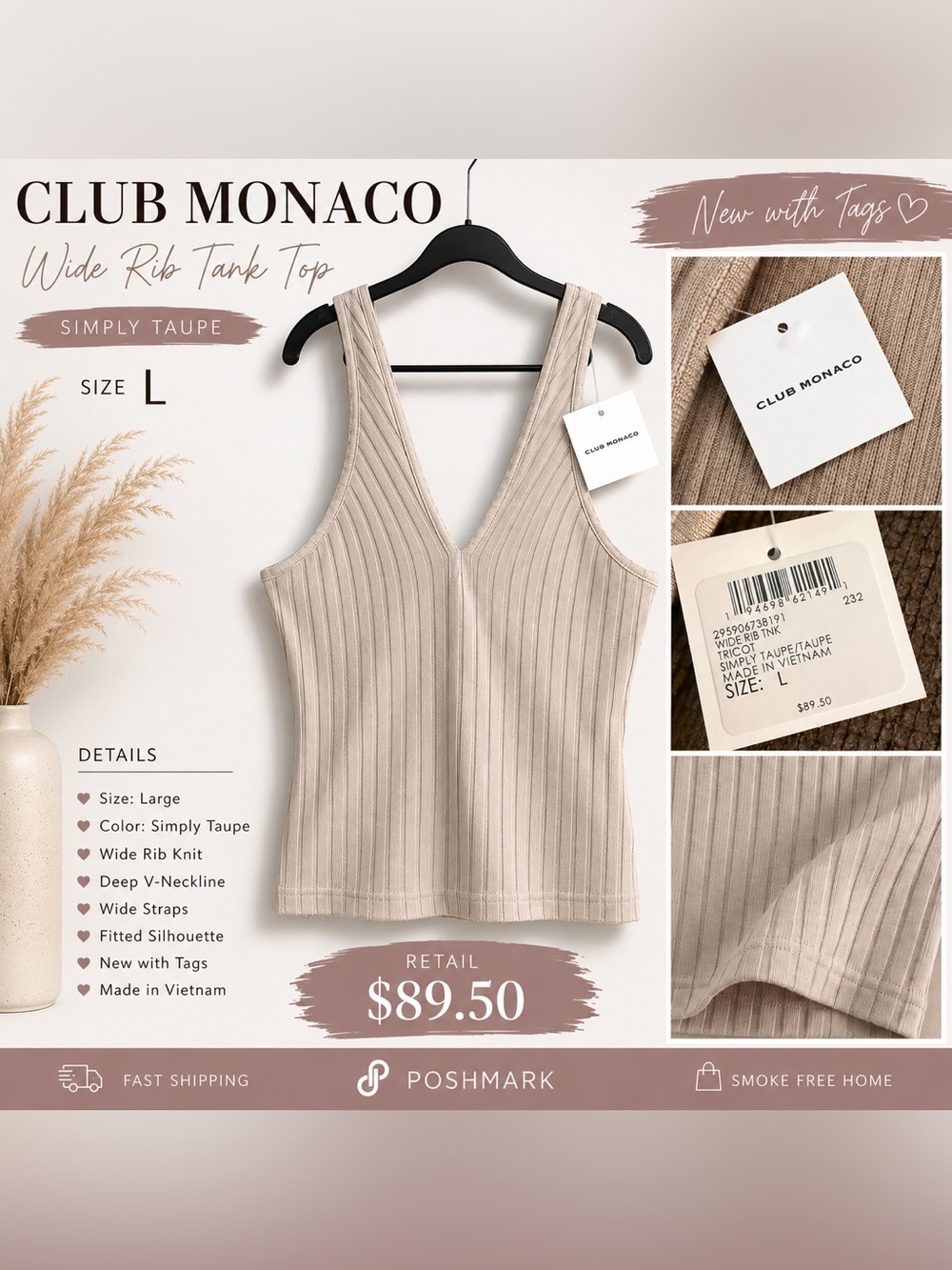 Club Monaco Wide Rib Tank Top in Beige Size Large NWT